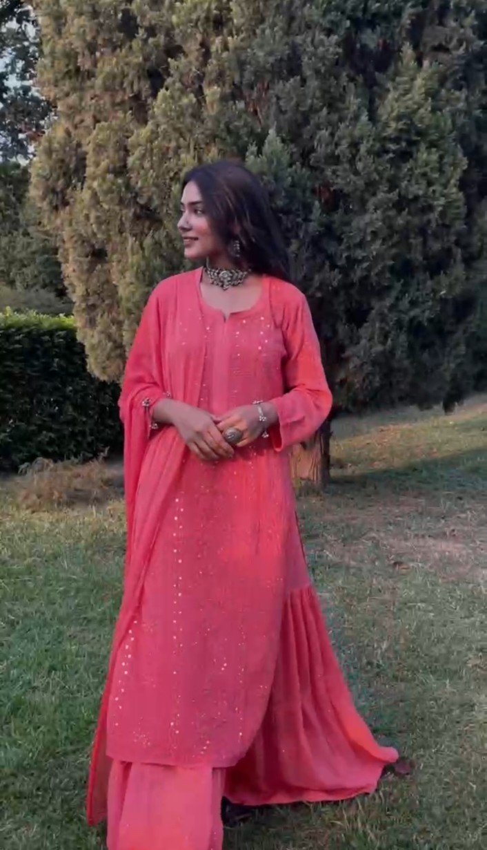 LVW Fashion Luxurious Chikankari Gharara Kamdani 4-piece Kurta Set in Rani with intricate embroidery and traditional design.