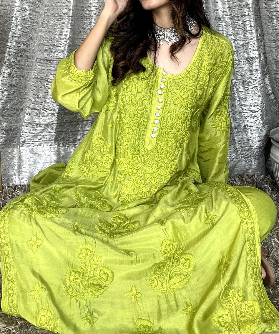 LVW Fashion Luxurious Chikankari red Muslin Eid collection silk palazzo set with shining fabric and intricate embroidery.