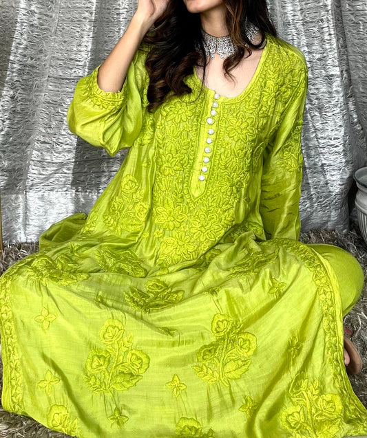 LVW Fashion Luxurious Chikankari red Muslin Eid collection silk palazzo set with shining fabric and intricate embroidery.
