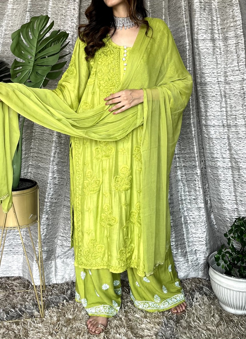 Red MOTIHAR Eid Collection Muslin shining silk premium palazzos set by LVW Fashion Luxurious Chikankari, featuring intricate embroidery.