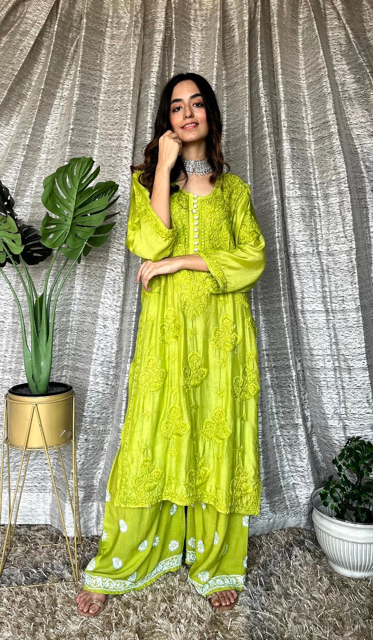 LVW Fashion luxurious Chikankari Motihar Eid collection muslin shining silk palazzo set in red, featuring elegant design and premium fabric.