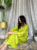 Red MOTIHAR Eid Collection Muslin shining silk premium palazzo set by LVW Fashion, featuring intricate Chikankari embroidery.