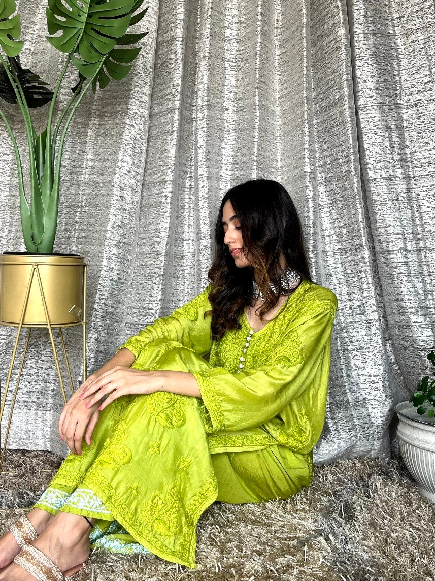 Red MOTIHAR Eid Collection Muslin shining silk premium palazzo set by LVW Fashion, featuring intricate Chikankari embroidery.