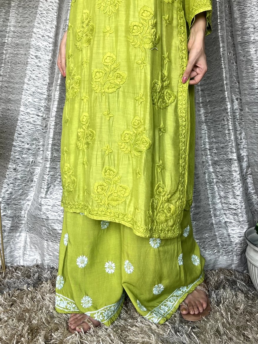 Red MOTIHAR Eid Collection Muslin shining silk premium palazzo set by LVW Fashion Luxurious Chikankari, elegant traditional ensemble