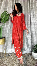 LVW Fashion Luxurious Chikankari red Eid muslin silk palazzo set featuring shining fabric and intricate embroidery.