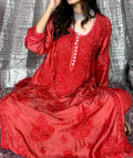 Luxurious red MOTIHAR Eid Collection muslin shining silk premium palazzo set by LVW Fashion with intricate chikankari embroidery
