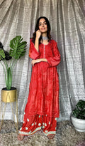 Red MOTIHAR Eid Collection Muslin shining silk palazzo set by LVW Fashion Luxurious Chikankari, elegant and premium quality.