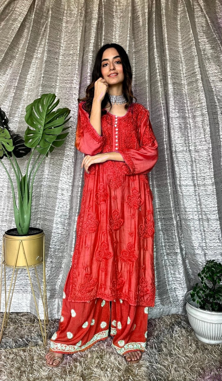 Red MOTIHAR Eid Collection Muslin shining silk palazzo set by LVW Fashion Luxurious Chikankari, elegant and premium quality.
