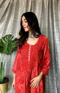 LVW Fashion Motihar Eid Collection Muslin Shining Silk Palazzos Set with Chikankari in red, luxurious and elegant for special occasions.