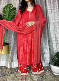 Red MOTIHAR Eid Collection Muslin shining silk premium palazzo set by LVW Fashion Luxurious Chikankari.