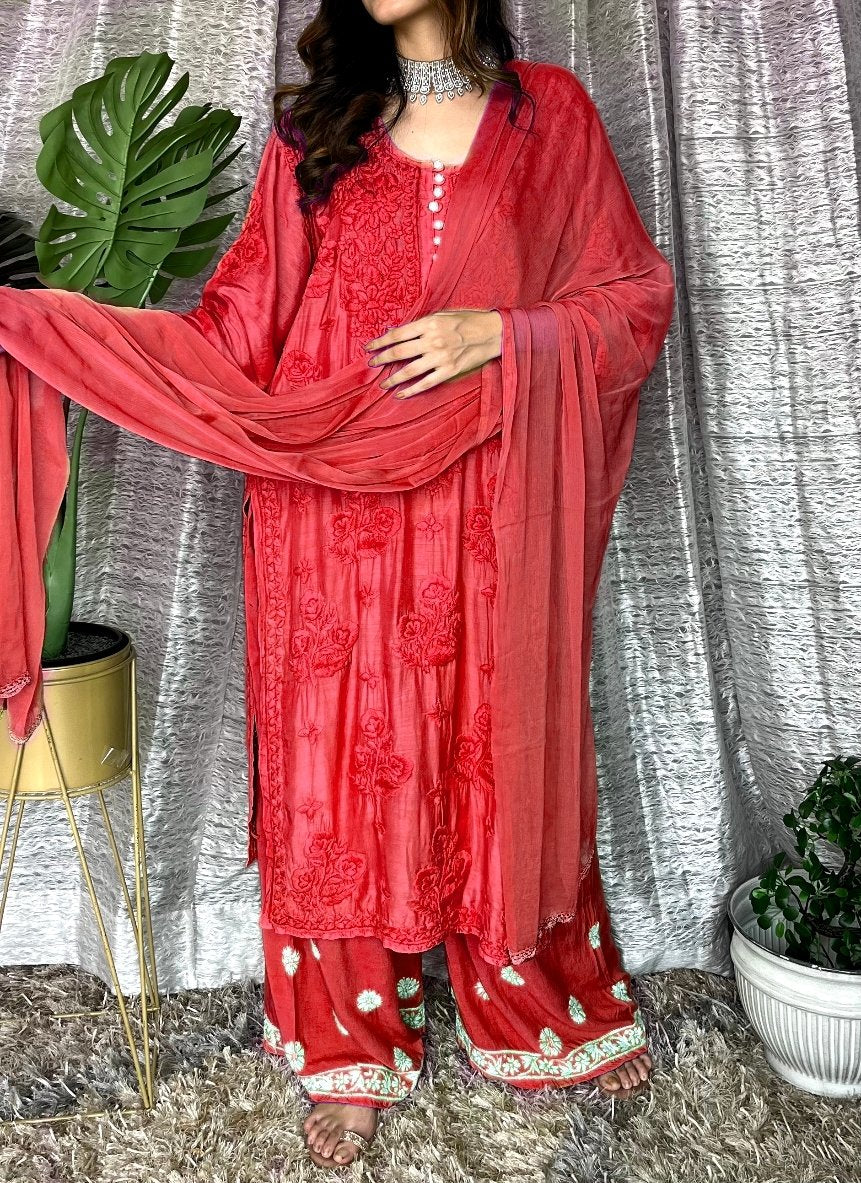 Red MOTIHAR Eid Collection Muslin shining silk premium palazzo set by LVW Fashion Luxurious Chikankari.