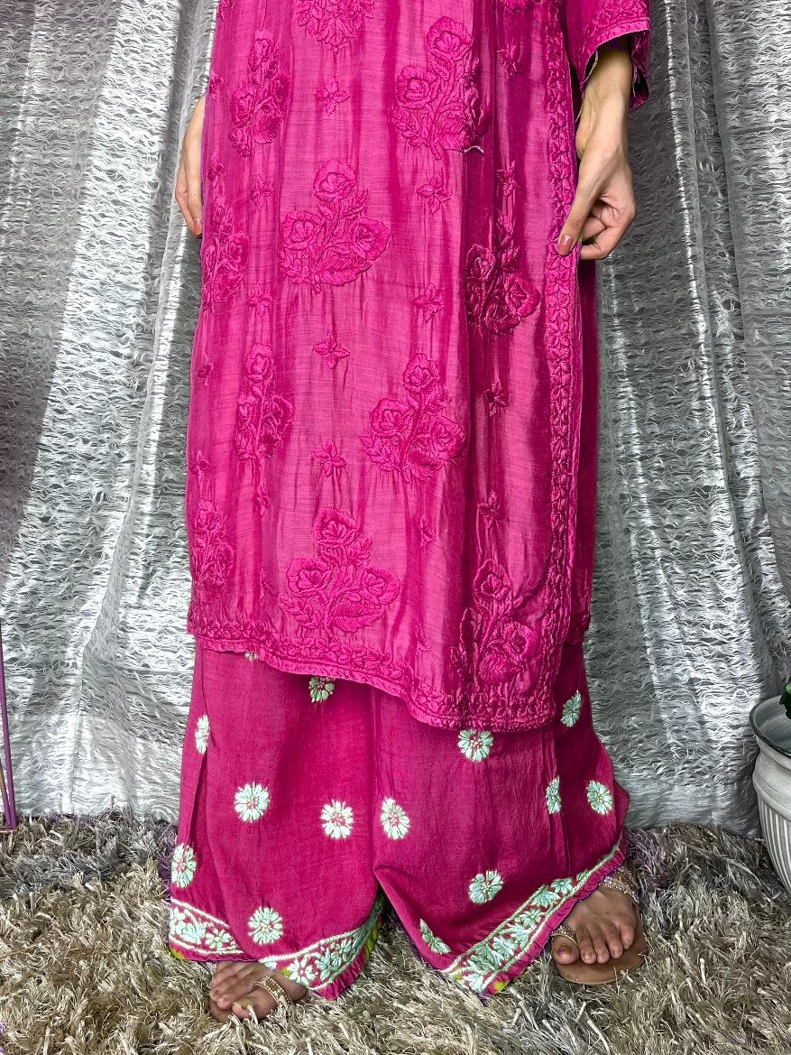 Red MOTIHAR Eid Collection muslin shining silk premium palazzo set by LVW Fashion, featuring elegant chikankari embroidery.