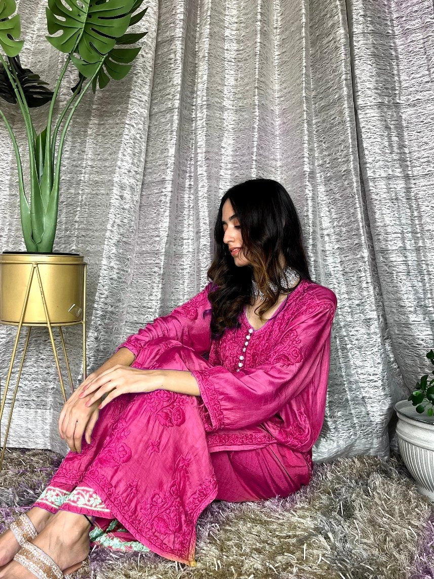 LVW Fashion Motihar Eid Collection Muslin Shining Silk Palazzos Set in red, featuring luxurious embroidery and premium fabric.
