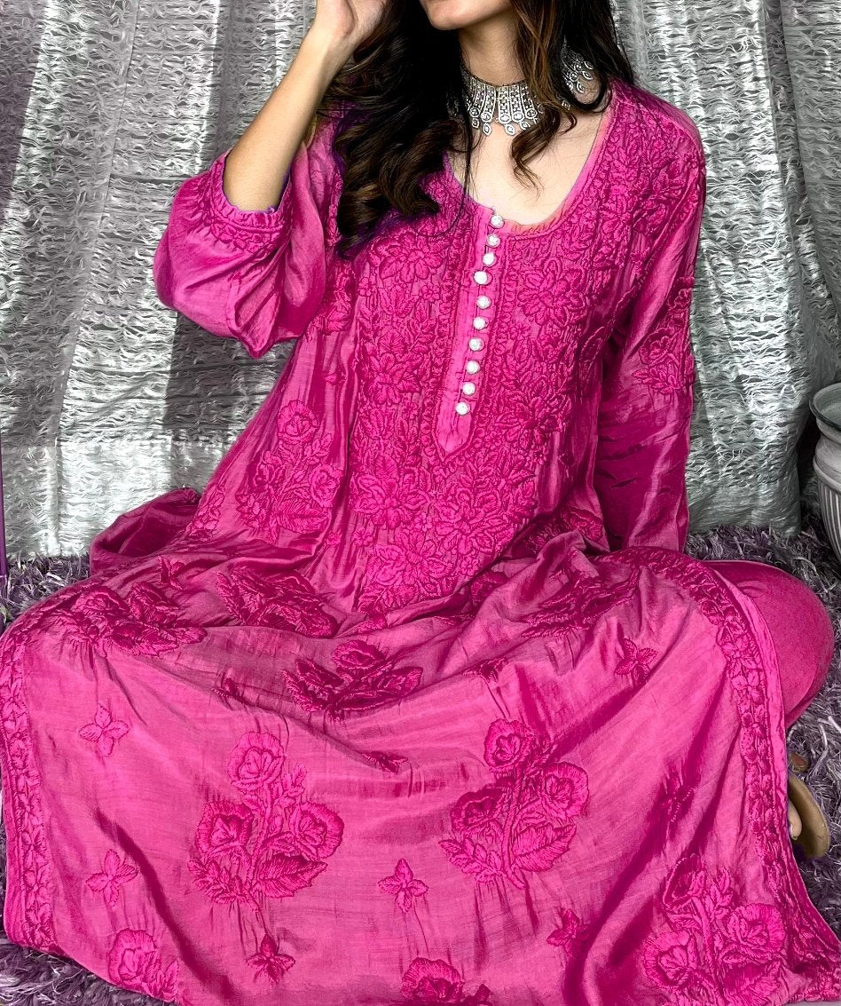 Red Motihar Eid Collection muslin silk palazzo set by LVW Fashion with intricate chikankari embroidery, luxurious and shining fabric.