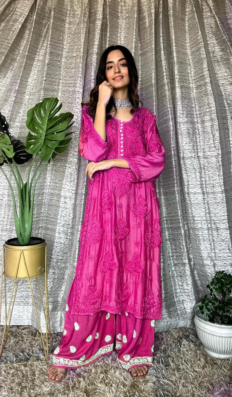 Red MOTIHAR Eid Collection Muslin shining silk premium palazzo set by LVW Fashion Luxurious Chikankari, featuring intricate embroidery.