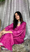 Red MOTIHAR Eid Collection Muslin Shining Silk Premium Palazzos Set by LVW Fashion, featuring intricate chikankari detailing.