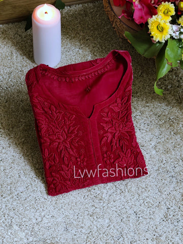 Red premium crepe silk Chikankari Kurti with intricate embroidery, from LVW Fashion Luxurious Chikankari collection.