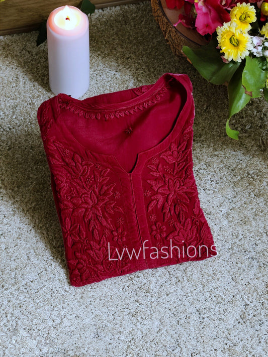 Red premium crepe silk Chikankari Kurti with intricate embroidery, from LVW Fashion Luxurious Chikankari collection.