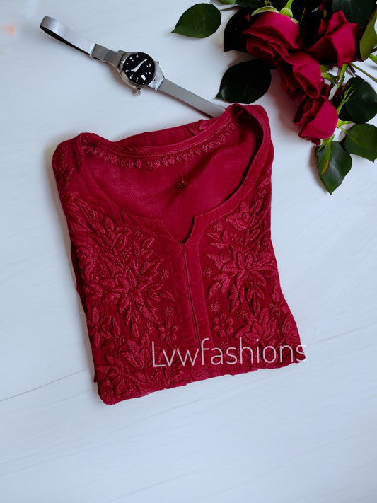 Red premium crepe silk Chikankari kurti with intricate embroidery from LVW Fashion Luxurious Chikankari.