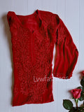 Red premium crepe silk Chikankari Kurti with intricate hand-embroidered designs, by LVW Fashion Luxurious Chikankari.