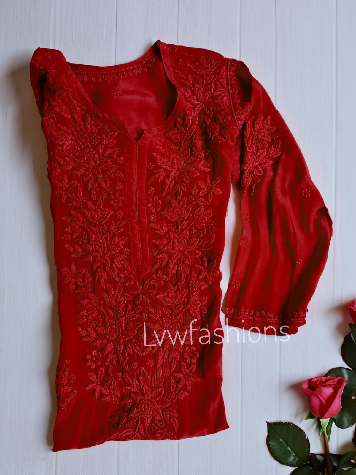 Red premium crepe silk Chikankari Kurti with intricate hand-embroidered designs, by LVW Fashion Luxurious Chikankari.