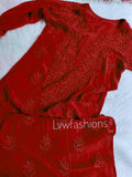 Red premium crepe silk Chikankari Kurti with intricate embroidery, showcasing fine craftsmanship and traditional elegance.