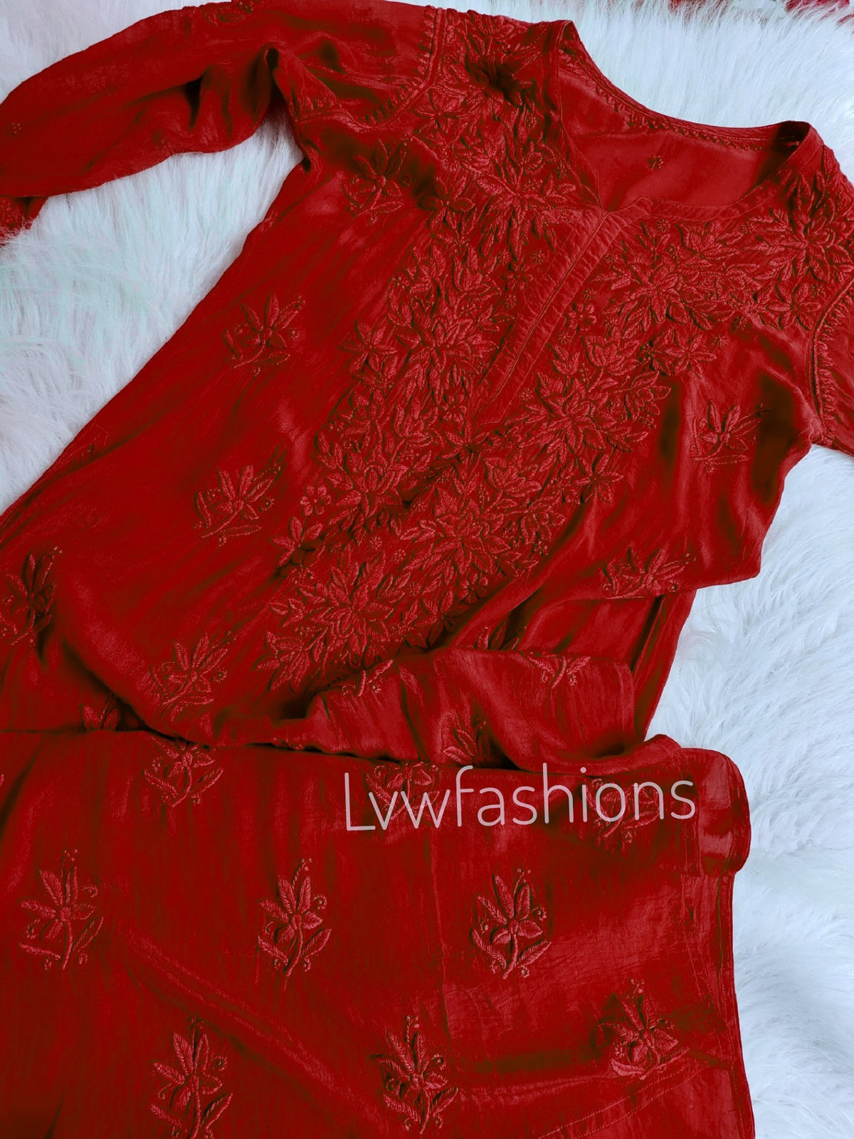 Red premium crepe silk Chikankari Kurti with intricate embroidery, showcasing fine craftsmanship and traditional elegance.