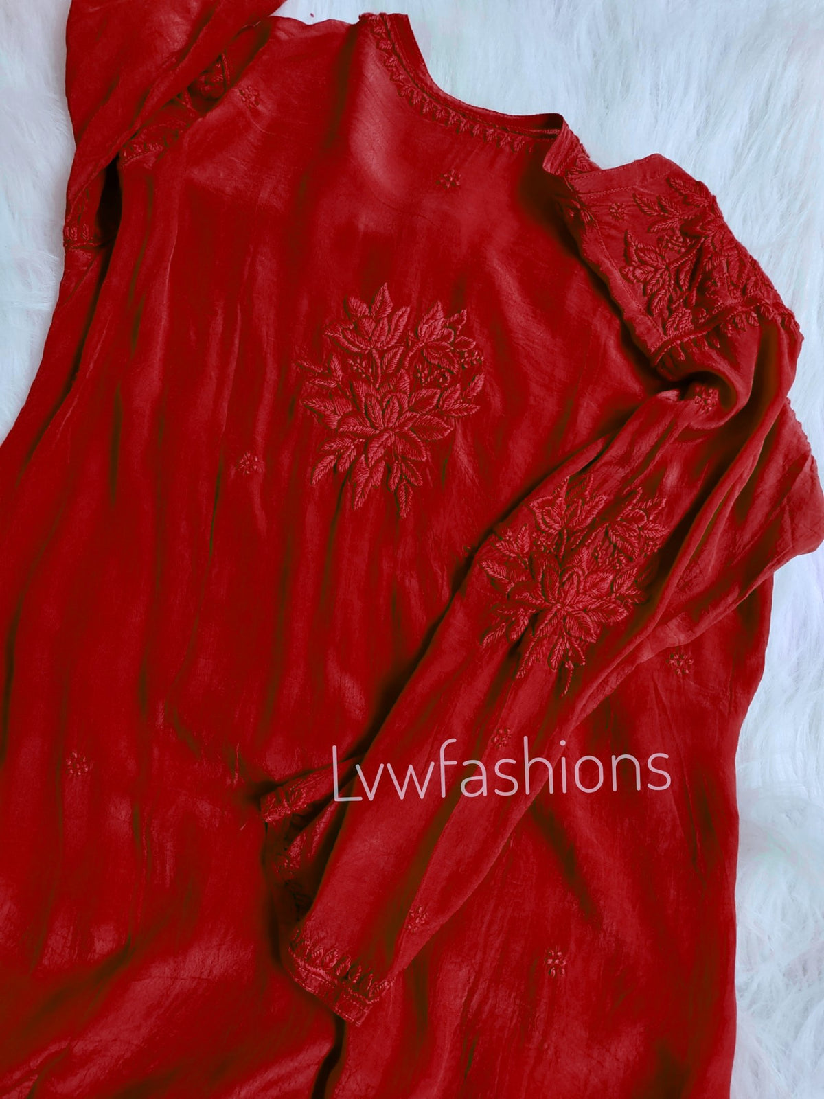 Red premium crepe silk Chikankari Kurti with intricate embroidery, showcasing traditional craftsmanship and elegant design.