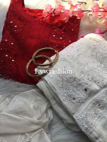 Red and white premium georgette 3-piece set with inner, featuring luxurious LVW Fashion Chikankari embroidery.