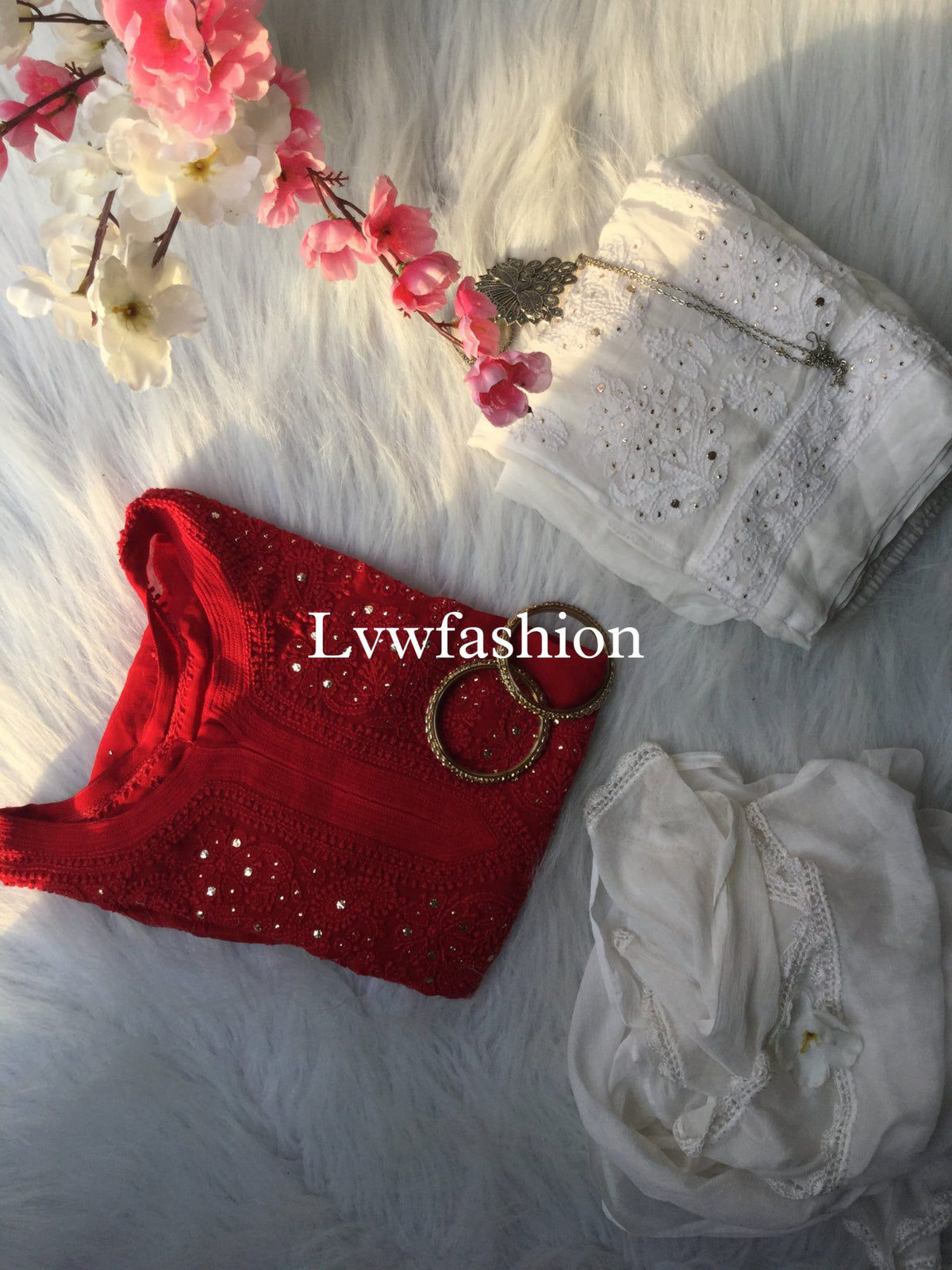Red and white premium georgette 3-piece set with inner from LVW Fashion Luxurious Chikankari, featuring elegant fabric details.
