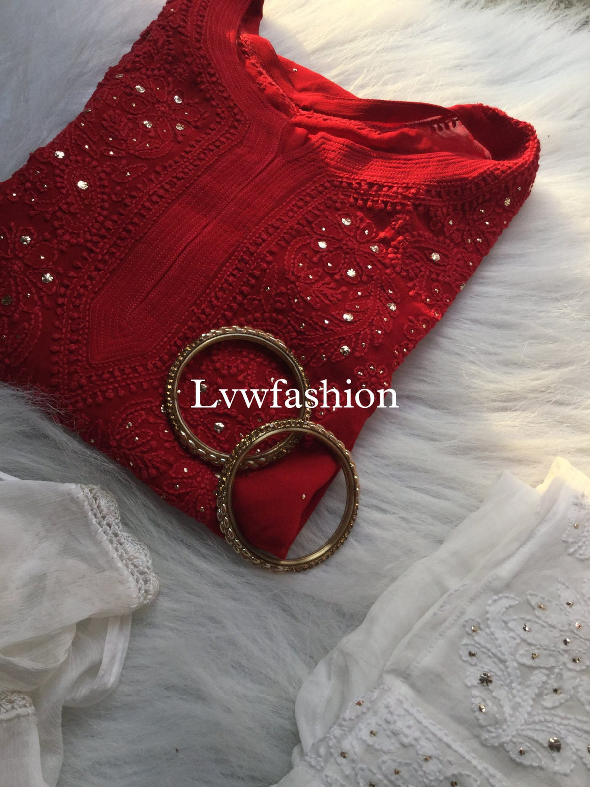 Red and white premium georgette 3-piece set with inner, featuring luxurious Chikankari embroidery by LVW Fashion.