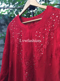 Red and white premium georgette 3-piece set with inner from LVW Fashion Luxurious Chikankari, elegant traditional attire.