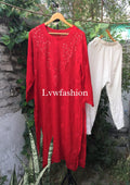 Red and white premium georgette 3-piece set with inner by LVW Fashion Luxurious Chikankari, featuring elegant traditional design.
