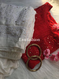 Red and white premium georgette 3-piece set with inner from LVW Fashion Luxurious Chikankari, featuring intricate embroidery.