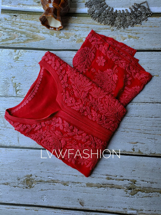 Reddish premium georgette long Chikankari kurta with silk slip by LVW Fashion, featuring intricate embroidery and elegant design.