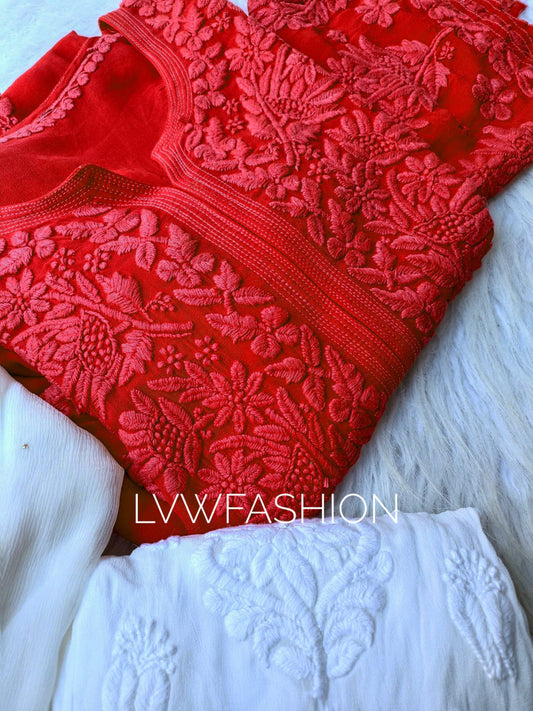 Reddish premium georgette long Chikankari kurta with silk slip by LVW Fashion, showcasing intricate embroidery and elegant design.