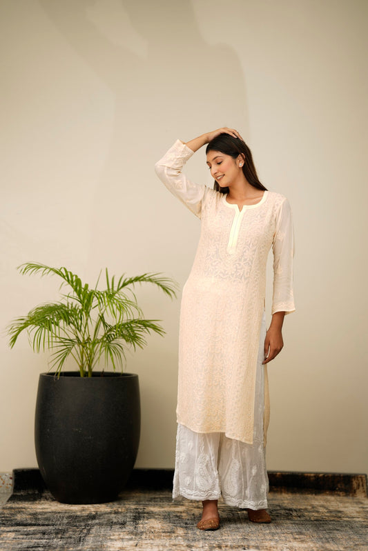 Resham premium georgette Chikankari kurta in intricate embroidery, designed by LVW Fashion Luxurious Chikankari.