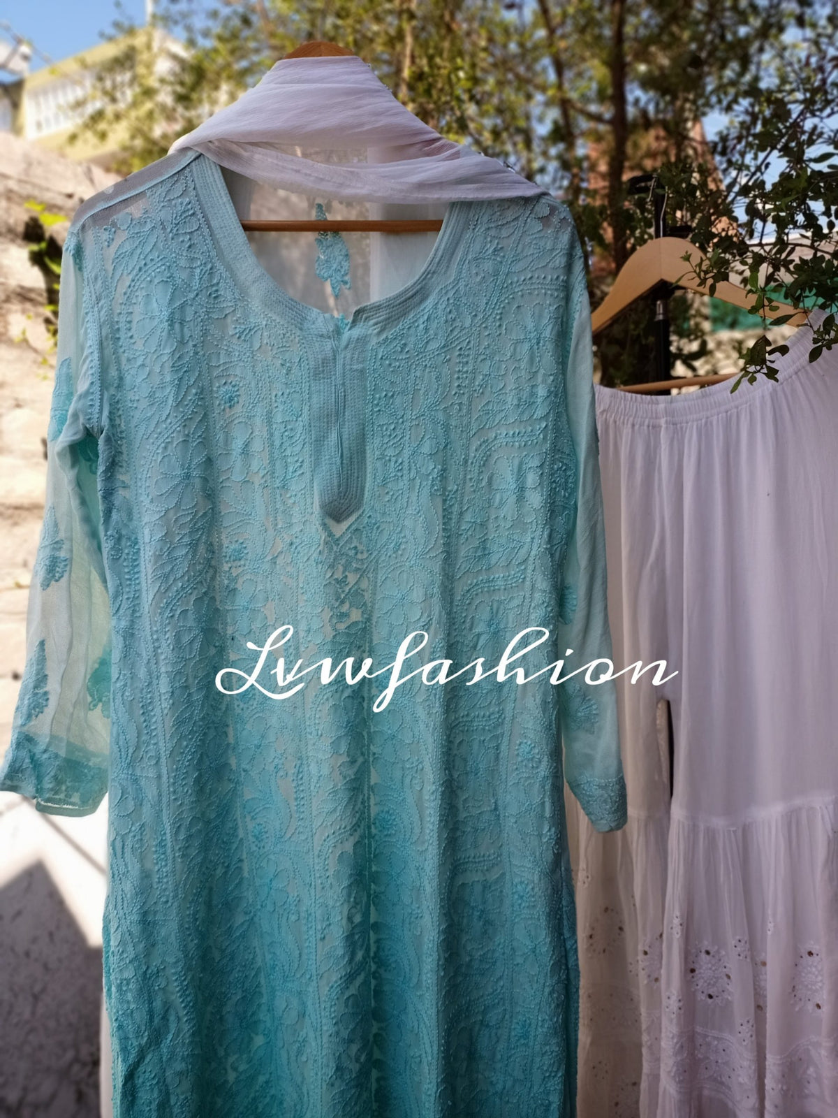 Beautiful premium georgette 3-piece set with intricate resham thread embroidery by LVW Fashion Luxurious Chikankari