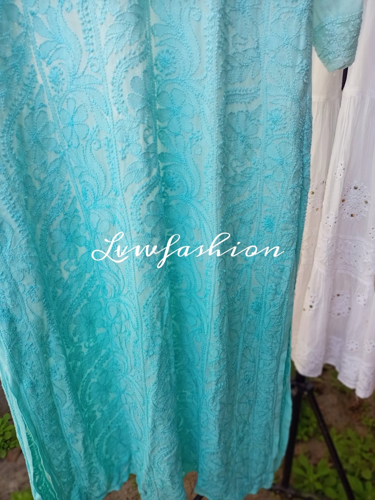 Beautiful premium georgette 3-piece set with resham thread embroidery by LVW Fashion Luxurious Chikankari.