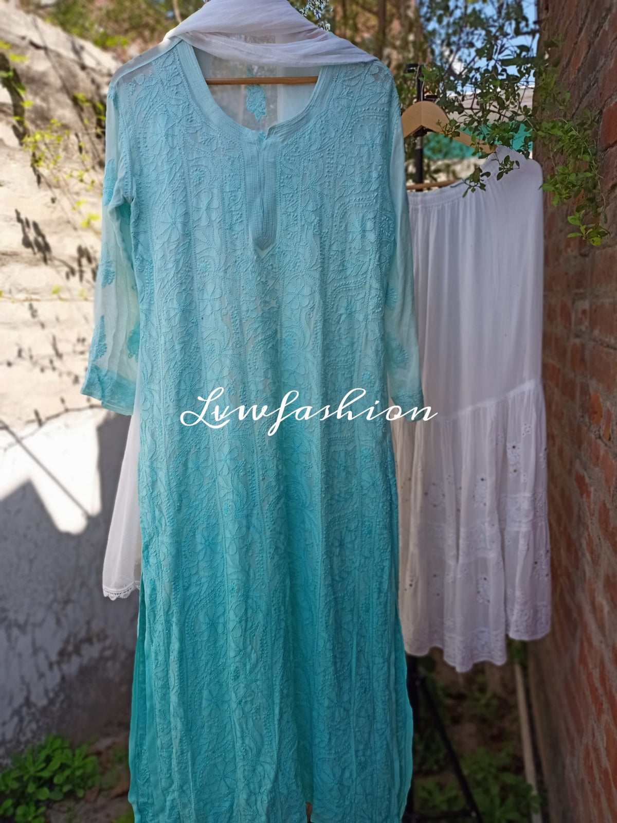 Beautiful premium georgette 3-piece set with resham thread embroidery by LVW Fashion Luxurious Chikankari.