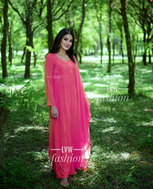 LVW Fashion luxurious Chikankari 3-piece set featuring Resham thread embroidery and Kamdani details with matching slip.