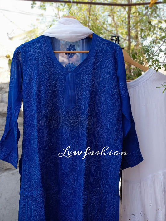 Midnight blue and white Resham thread Gharara set in premium georgette with intricate Chikankari embroidery by LVW Fashion.