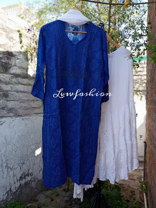 Midnight blue and white Resham thread Gharara set in luxurious georgette with intricate Chikankari embroidery by LVW Fashion.