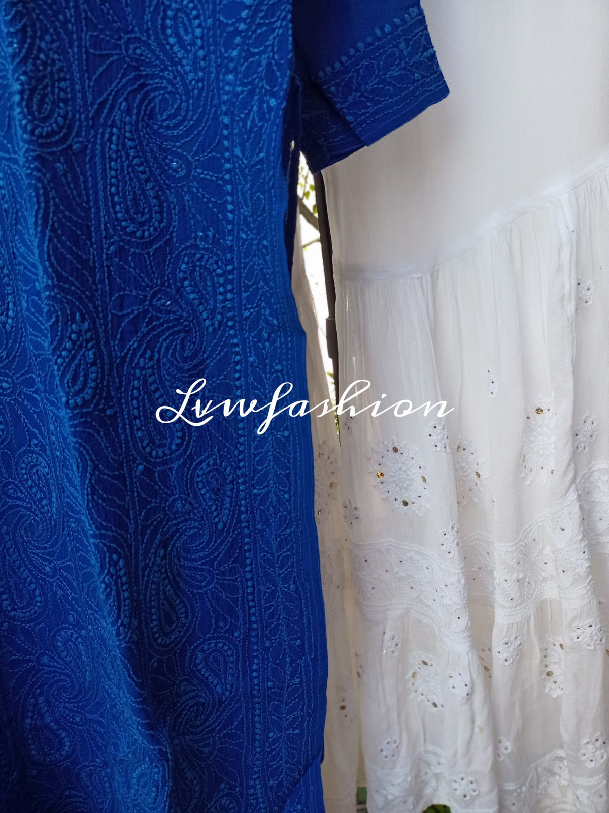 Midnight blue and white Resham thread Gharara set in premium georgette with intricate Chikankari embroidery, by LVW Fashion.