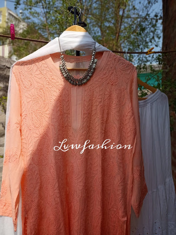 Peach and white Resham thread Gharara set with intricate Chikankari embroidery by LVW Fashion, showcasing traditional craftsmanship.