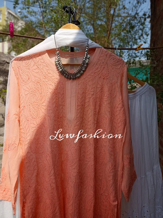Peach and white Resham thread Gharara set with intricate Chikankari embroidery by LVW Fashion, showcasing traditional craftsmanship.