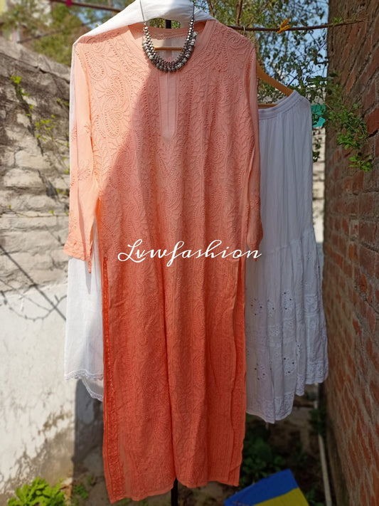 Peach and white resham thread Gharara set with intricate Chikankari embroidery by LVW Fashion, featuring traditional Indian style.