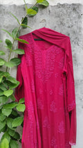 Pink Rose Cherry premium georgette Chikankari kurta set with intricate embroidery, designed by LVW Fashion Luxurious Chikankari.