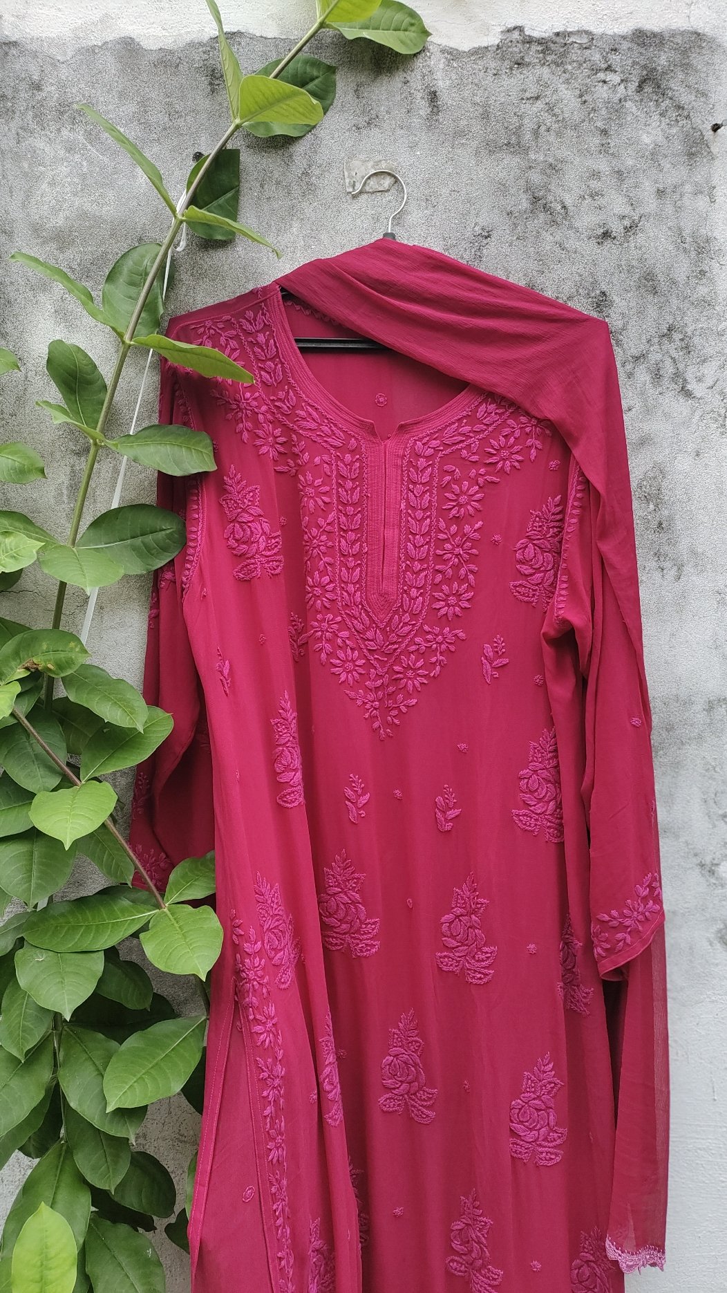 Pink Rose Cherry premium georgette Chikankari kurta set with intricate embroidery, designed by LVW Fashion Luxurious Chikankari.