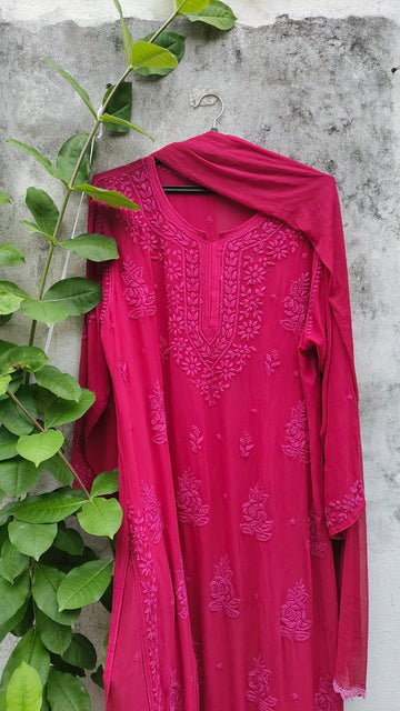Pink Rose Cherry premium georgette Chikankari kurta set with intricate embroidery, designed by LVW Fashion Luxurious Chikankari.